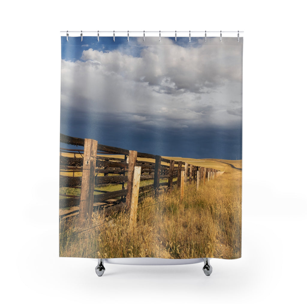 Rustic Prairie Fence Shower Curtain – Scenic Country Landscape Bathroom Decor
