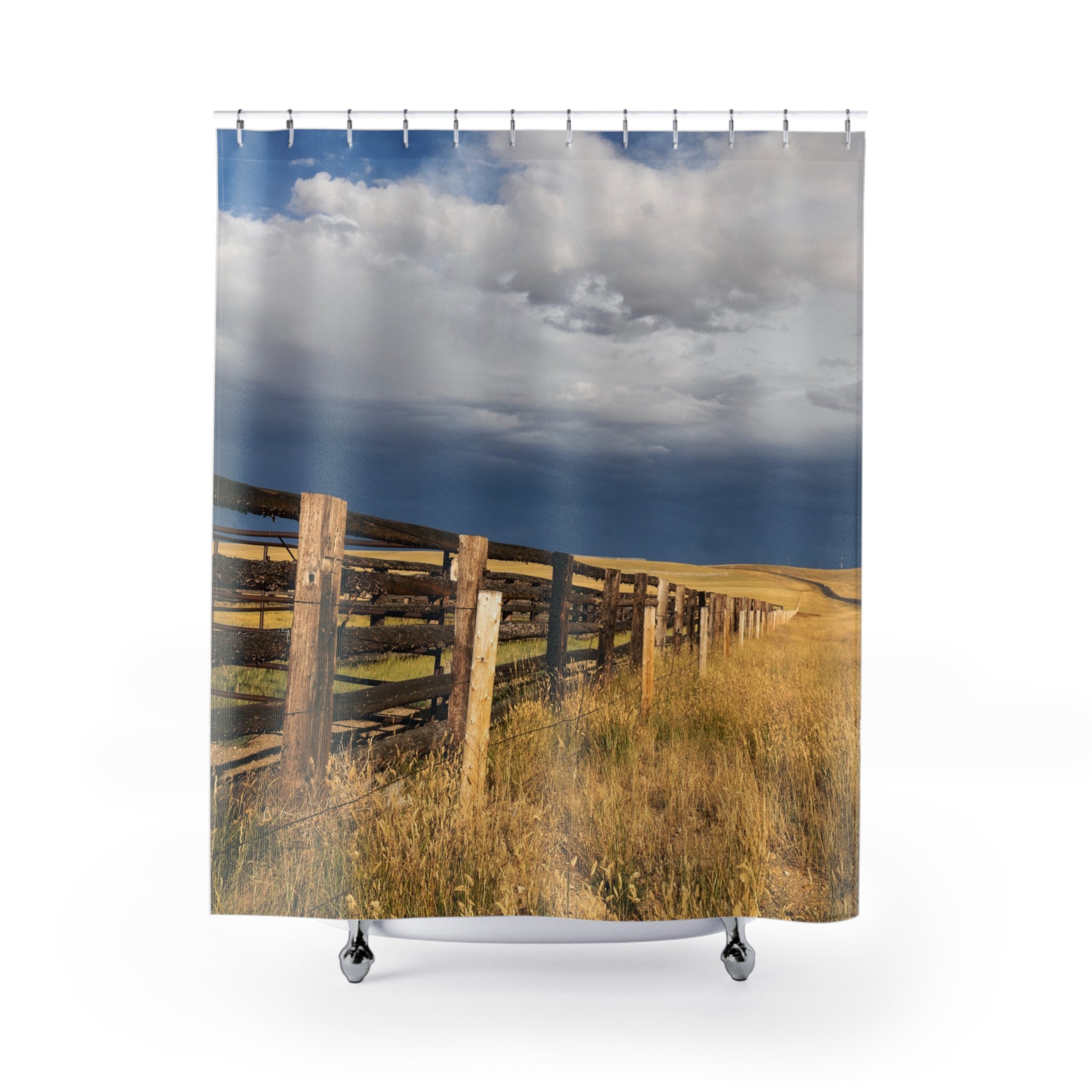 Rustic Prairie Fence Shower Curtain – Scenic Country Landscape Bathroom Decor
