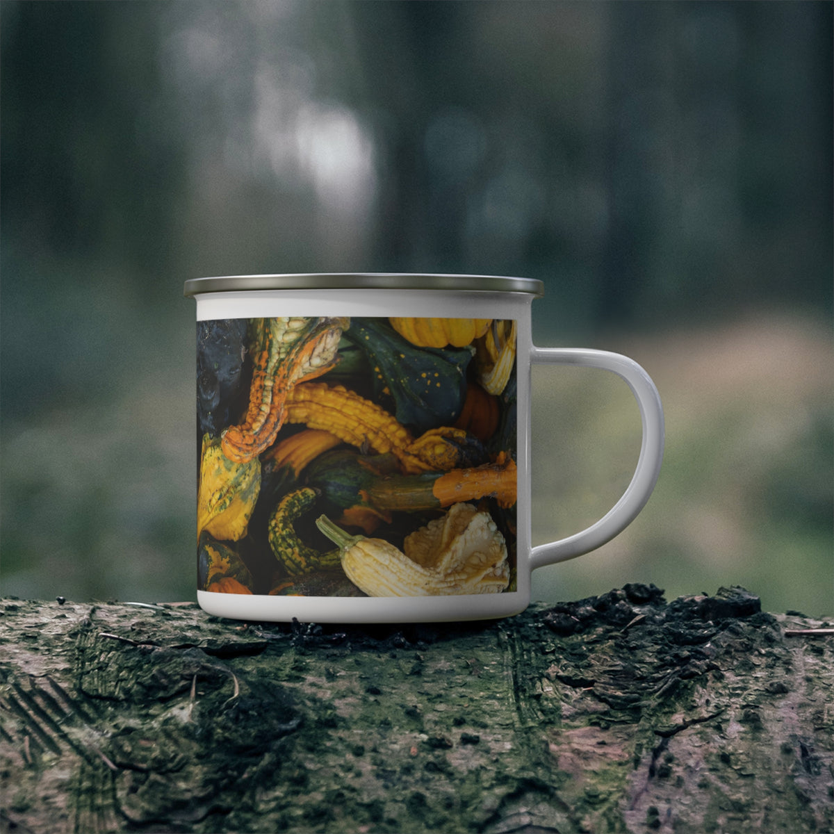 Printify enamel mug featuring a autumn gourd harvest design, perfect for camping and outdoor use.
