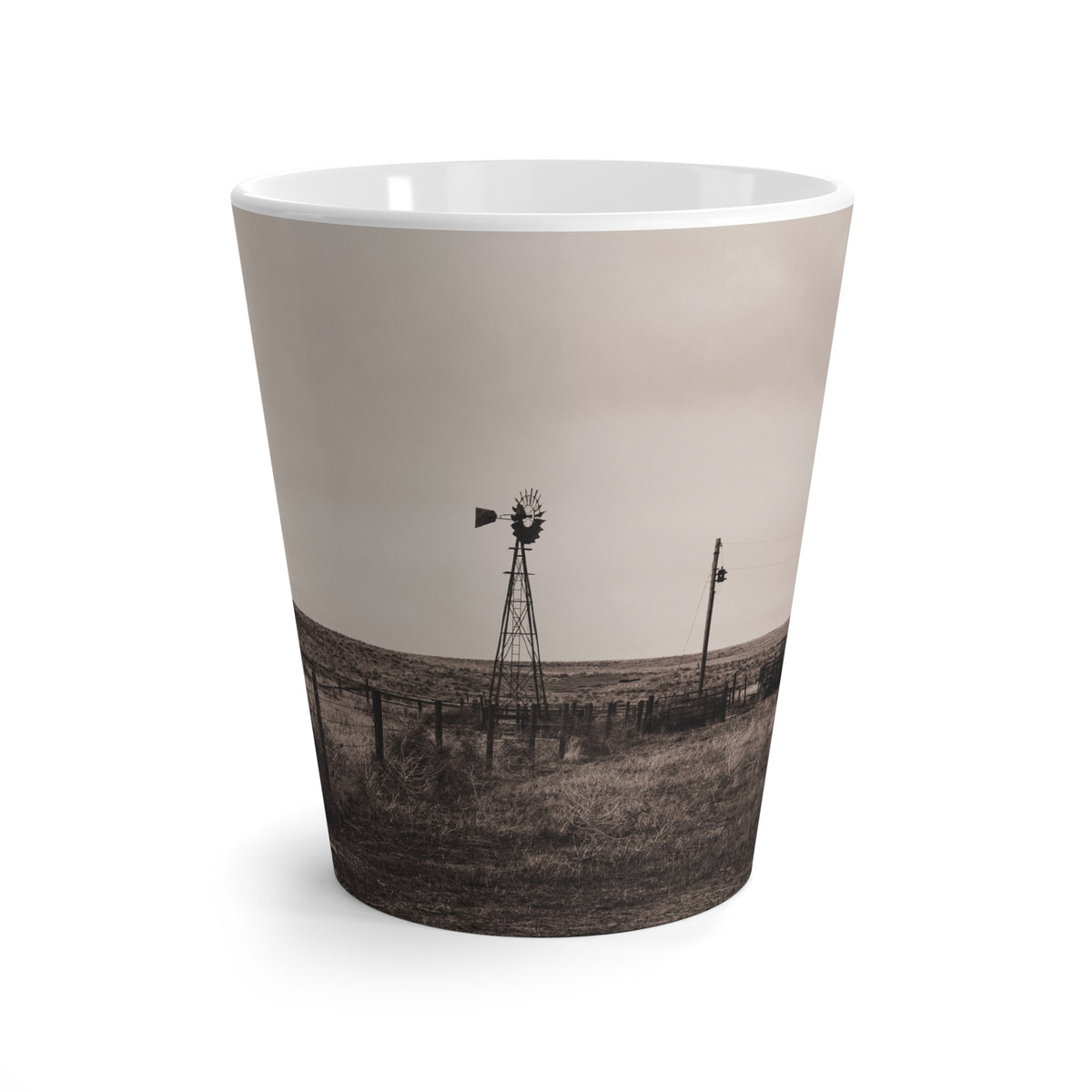 Rustic Windmill Latte Mug — Sepia Farm Landscape Coffee Cup