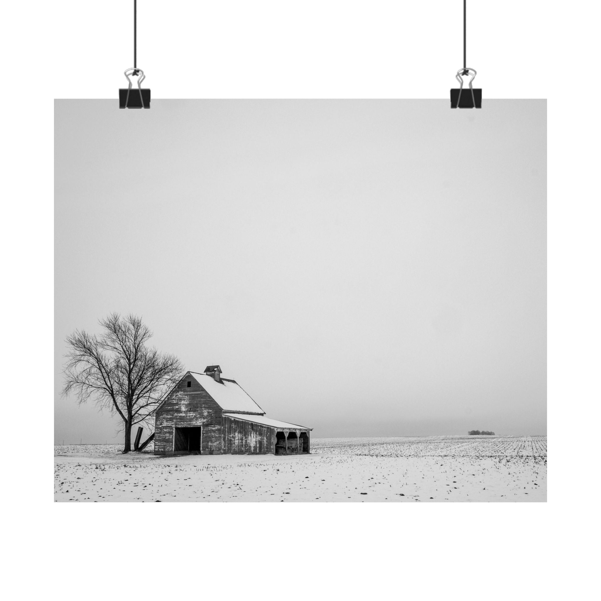Matte Horizontal Poster — Winter Barn Black & White Landscape