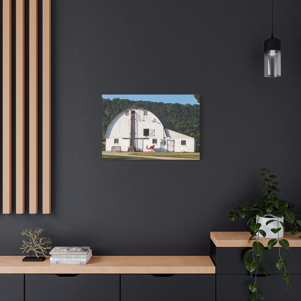 Santa's Sleigh in front of White Barn Canvas Print | Matte Stretched Wall Art, Rustic Farmhouse Decor