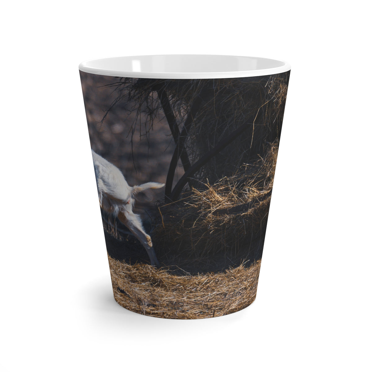 White Goat Photo Latte Mug featuring a rustic farm animal scene, ideal for farm animal and nature lovers.