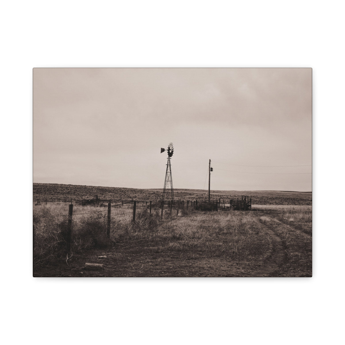 Sepia canvas print of a rural landscape with a windmill, featuring a pasture scene, by Printify in matte finish.