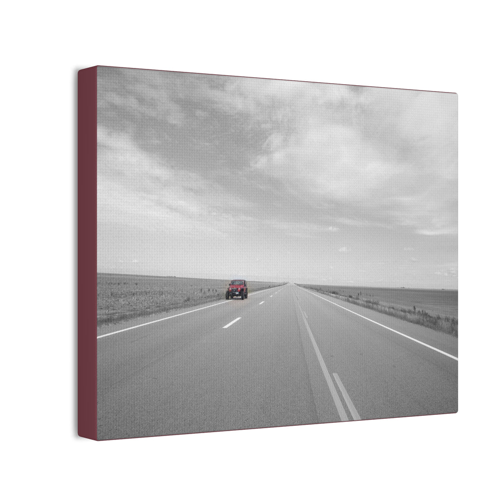 Road Trip Canvas Wall Art — Black & White Highway Scene with Red Car