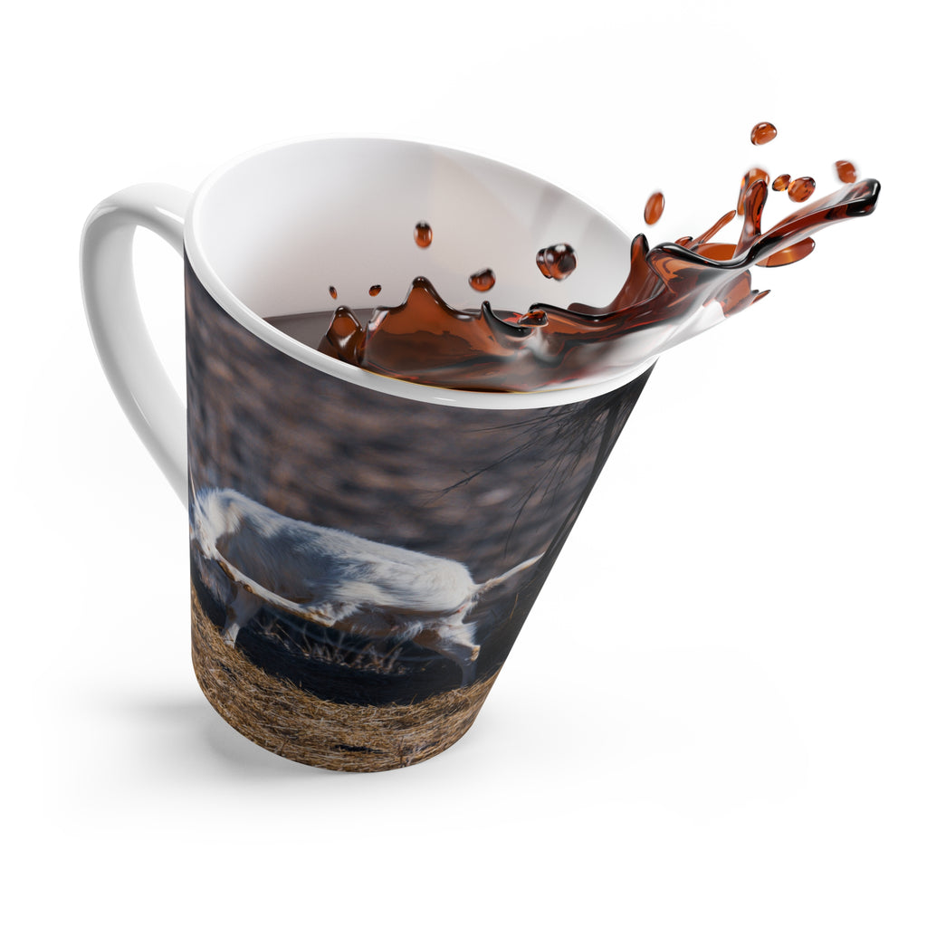 White goat latte mug featuring farm animal and rustic nature scene, ideal for coffee or tea.