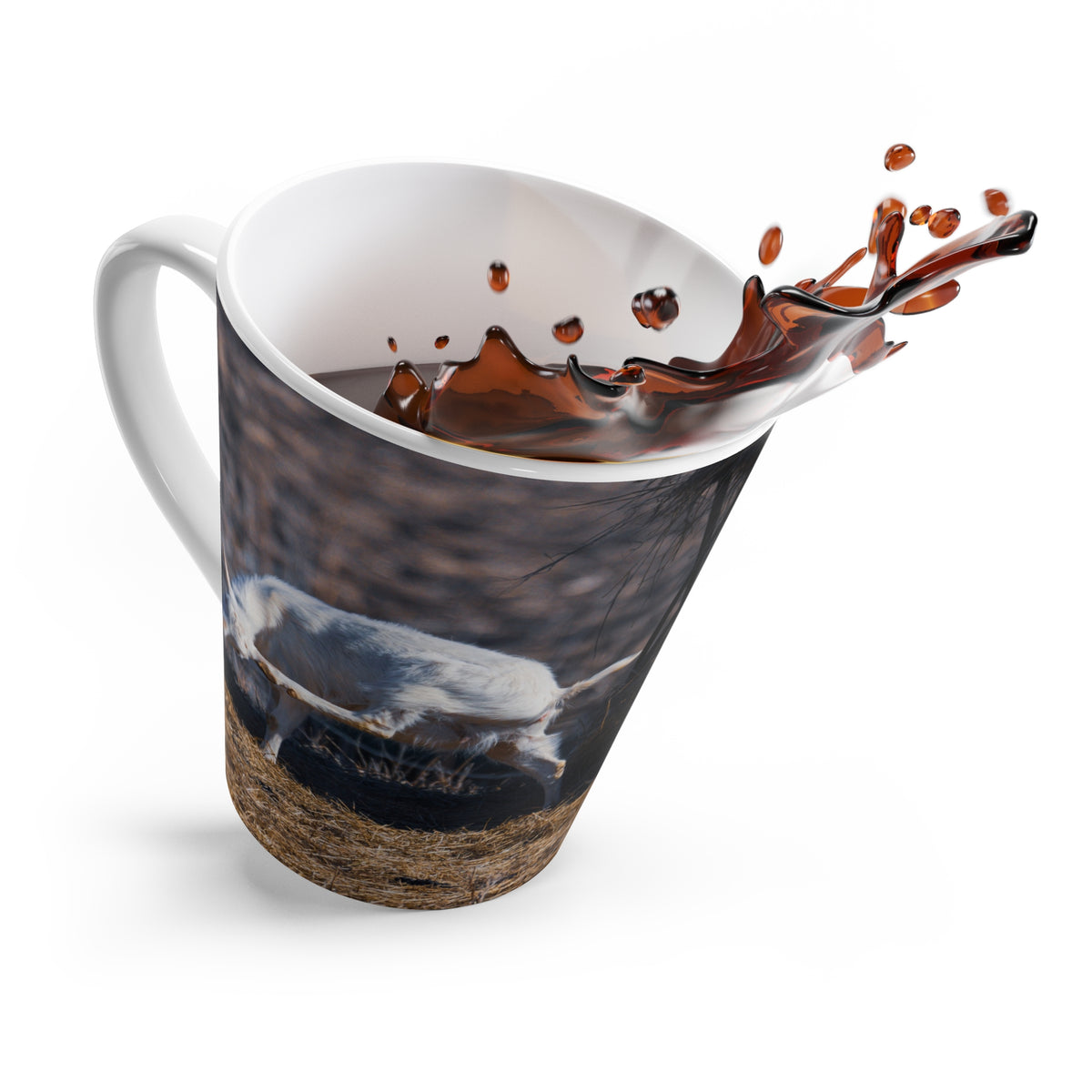 White goat latte mug featuring farm animal and rustic nature scene, ideal for coffee or tea.