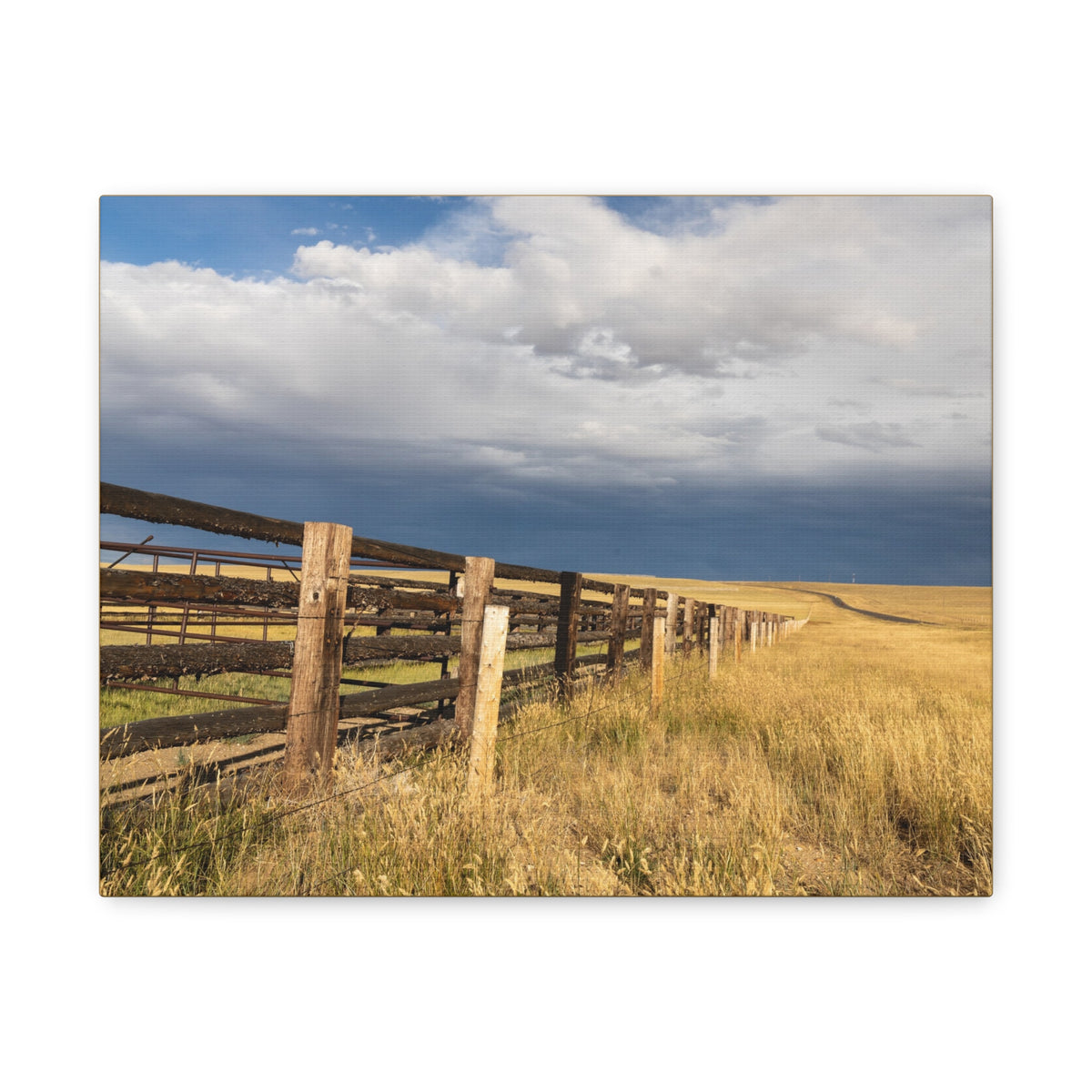 Prairie Fence landscape canvas print by Printify showing a rural country scene with a wooden fence and open fields.