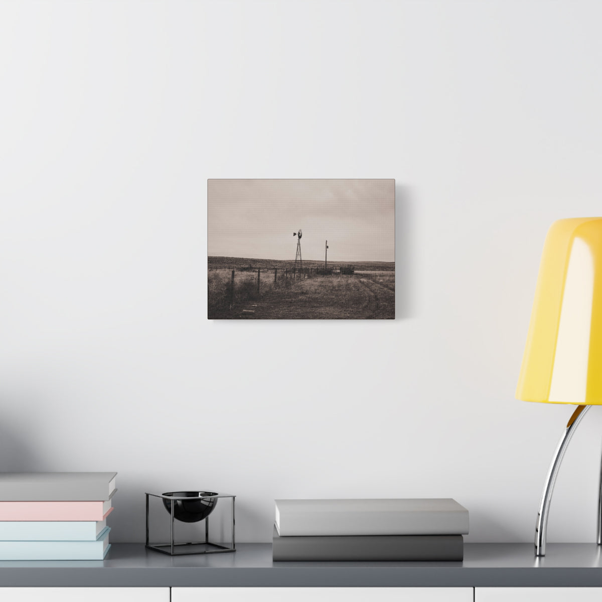Windmill Pasture Matte Canvas Print — Sepia Rural Landscape Wall Art