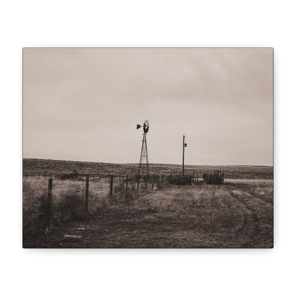 Windmill Pasture Matte Canvas Print — Sepia Rural Landscape Wall Art