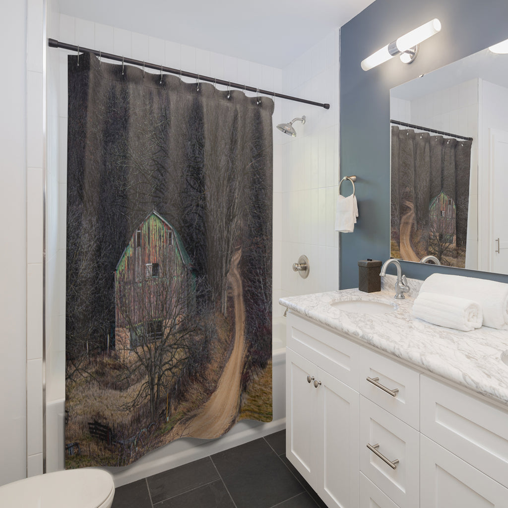 Rustic Barn Path Shower Curtain — Moody Forest Bathroom Decor