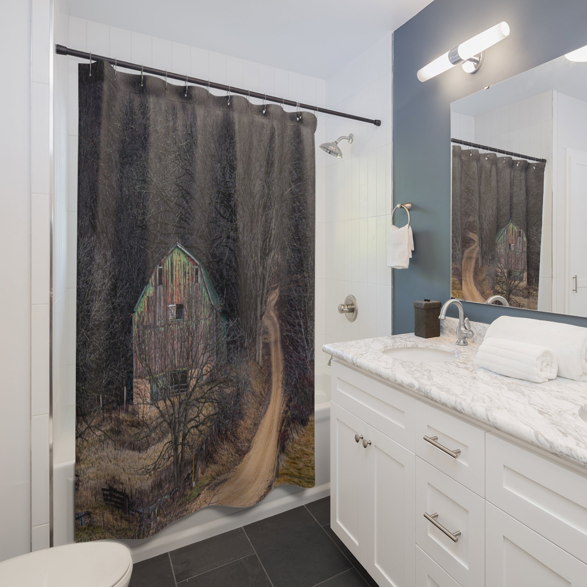 Rustic Barn Path Shower Curtain — Moody Forest Bathroom Decor