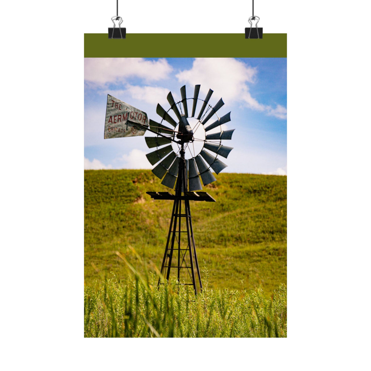 Rustic farmhouse windmill field matte poster featuring a scenic rural landscape, ideal for farmhouse wall decor.