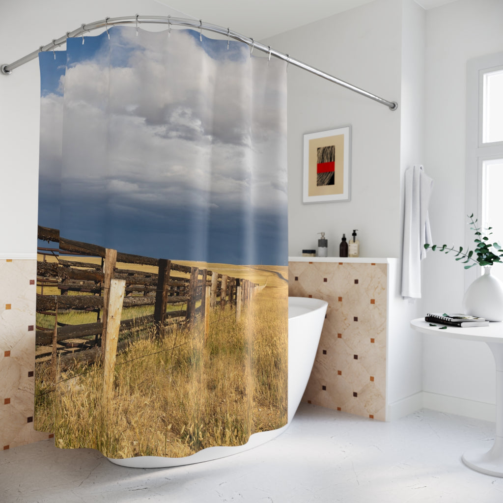 Rustic Prairie Fence Shower Curtain – Scenic Country Landscape Bathroom Decor