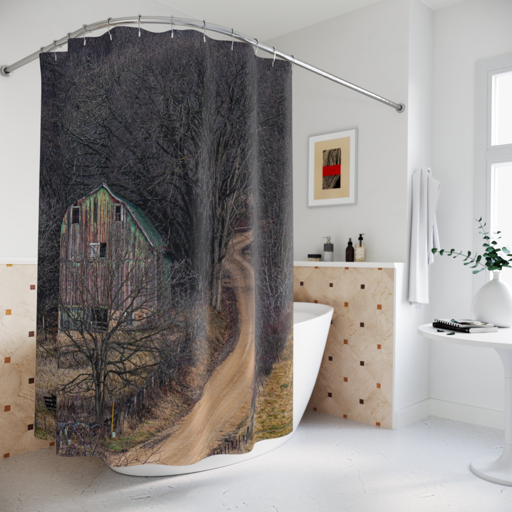 Rustic Barn Path Shower Curtain — Moody Forest Bathroom Decor
