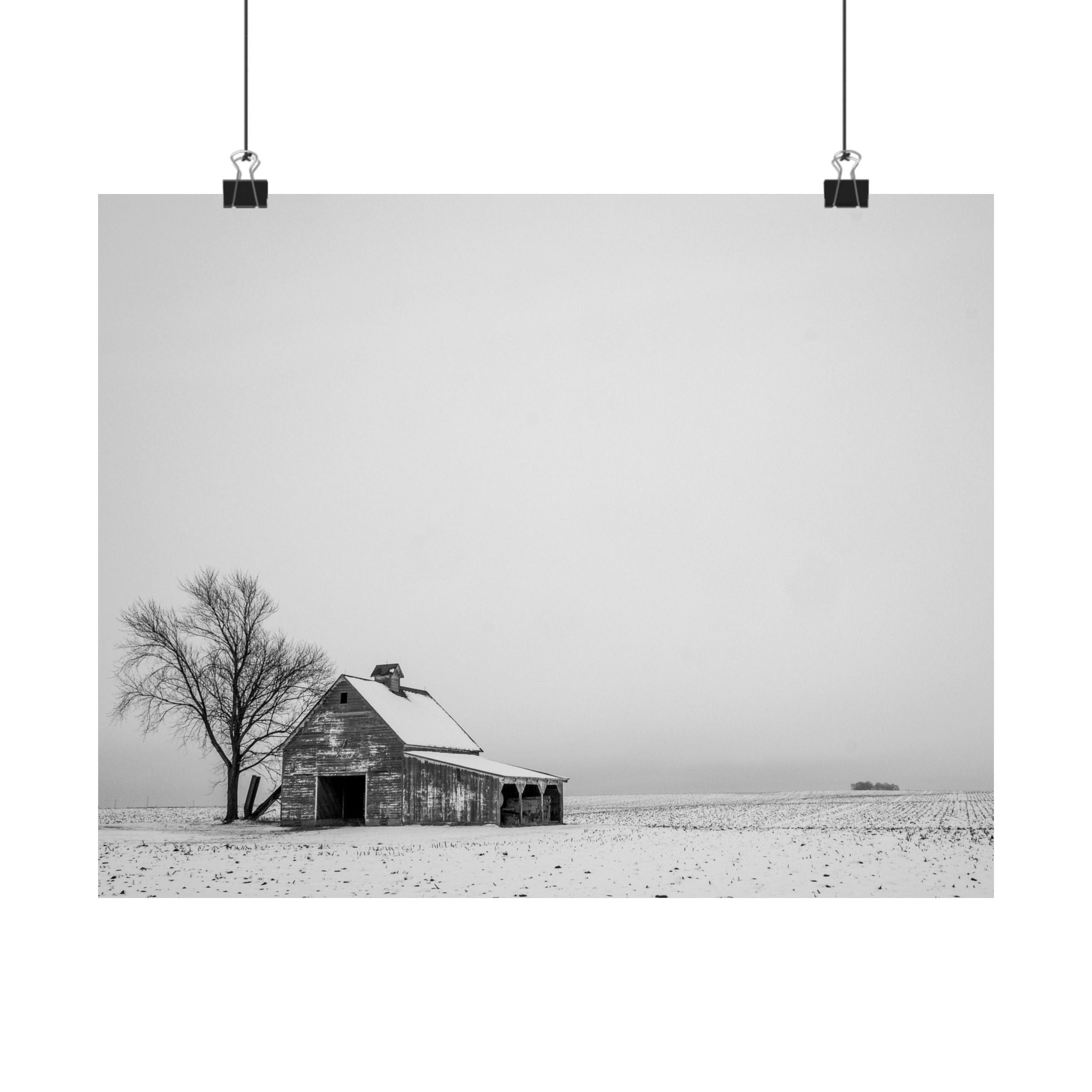Matte Horizontal Poster — Winter Barn Black & White Landscape