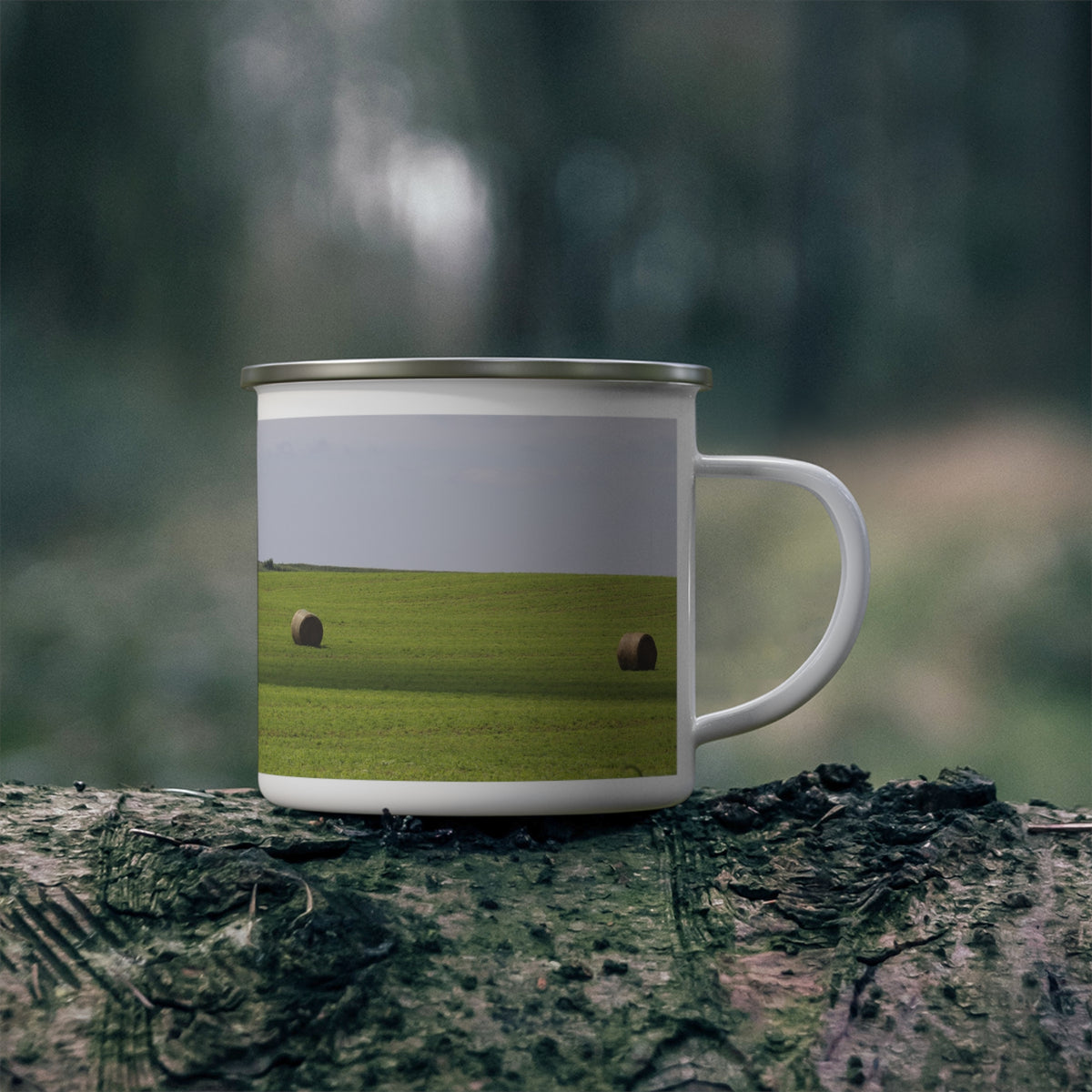Enamel Mug with Hay Bale Field Photo — Rustic Camping Coffee Cup