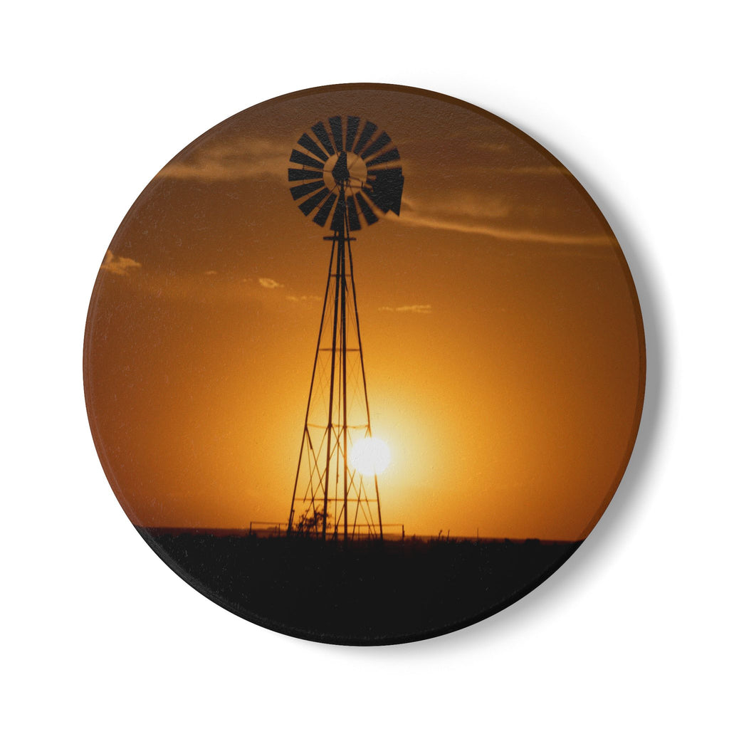 Windmill Sunset Ceramic Coaster — Rustic Farmhouse Drink Coaster