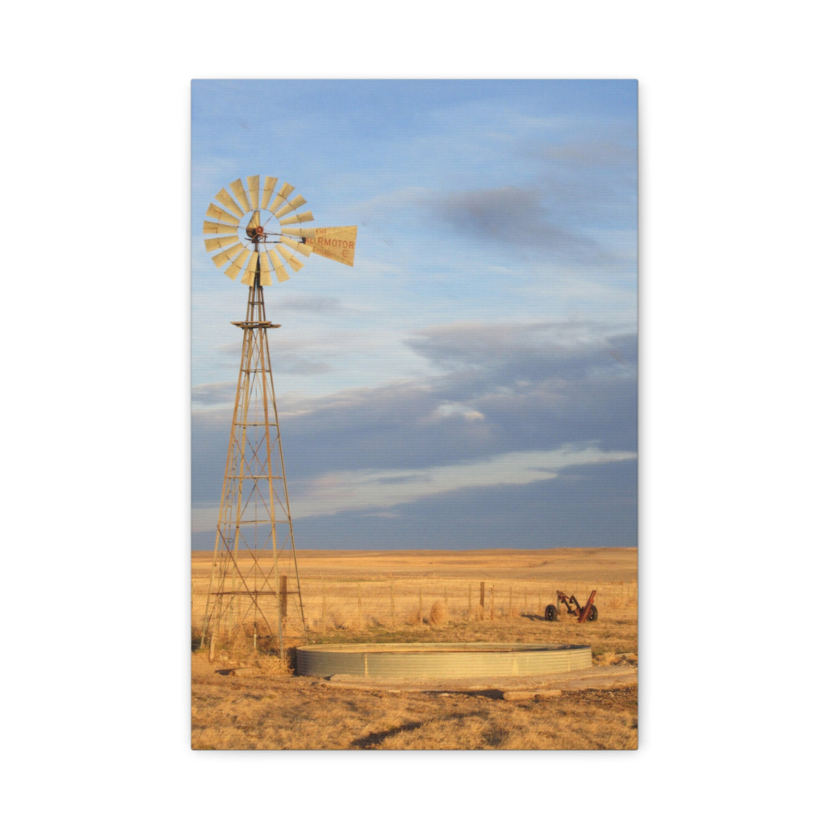 Rural windmill landscape canvas wall art by Printify, stretched 1.25 inches, featuring a scenic countryside with windmill and blue sky.
