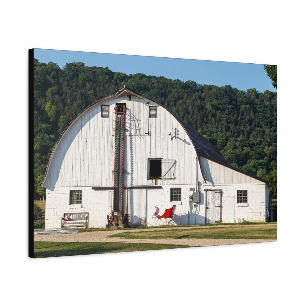 Santa's Sleigh in front of White Barn Canvas Print | Matte Stretched Wall Art, Rustic Farmhouse Decor