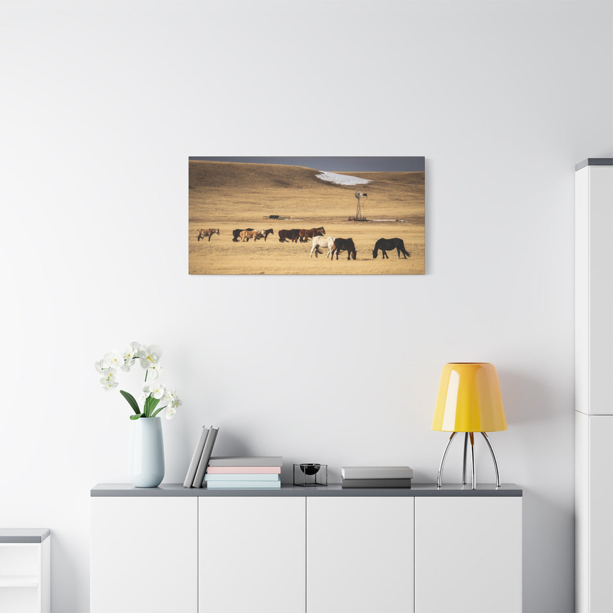 Grazing Horses Canvas Print – Rustic Prairie Wall Art (Matte Stretched 1.25")
