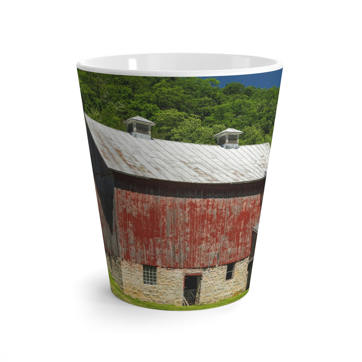 Rustic Red Barn Latte Mug — Country Farmhouse Coffee Cup