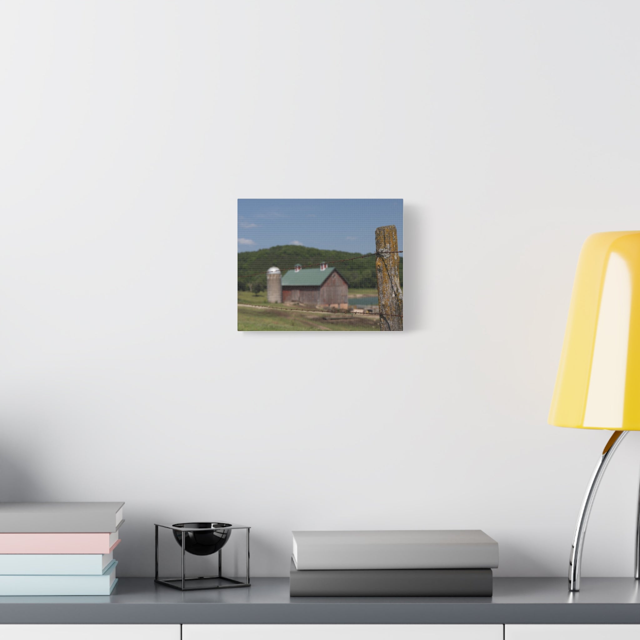 Rustic Barn Matte Stretched Canvas — Blurred Farm Landscape with Barbed Wire