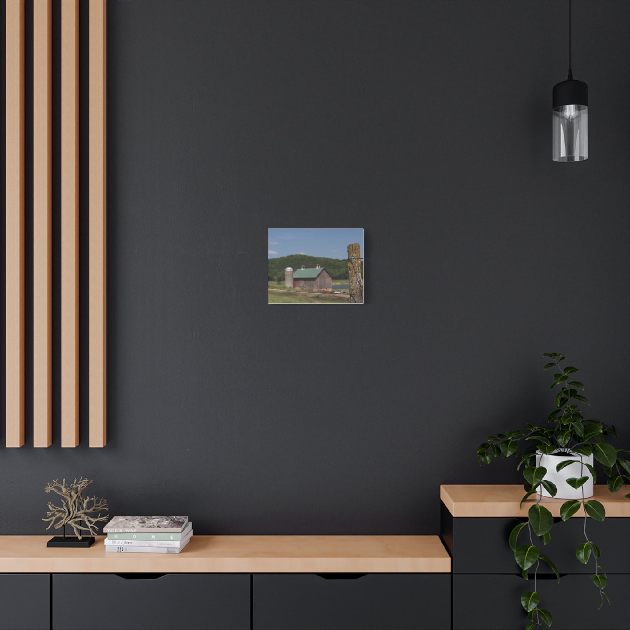 Rustic Barn Matte Stretched Canvas — Blurred Farm Landscape with Barbed Wire