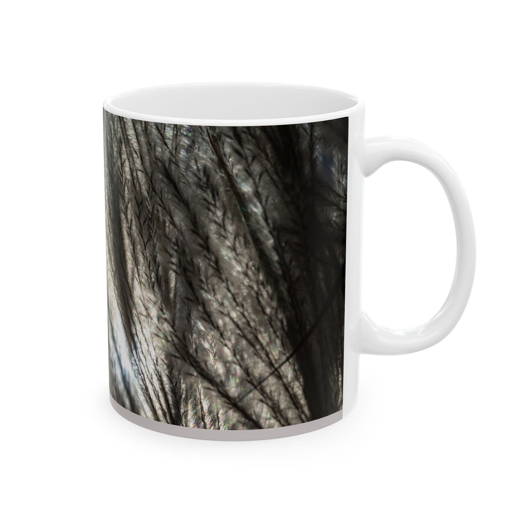 Ceramic mug with soft neutral botanical feather silhouette design, 11oz or 15oz, by Printify, ideal for coffee or tea.