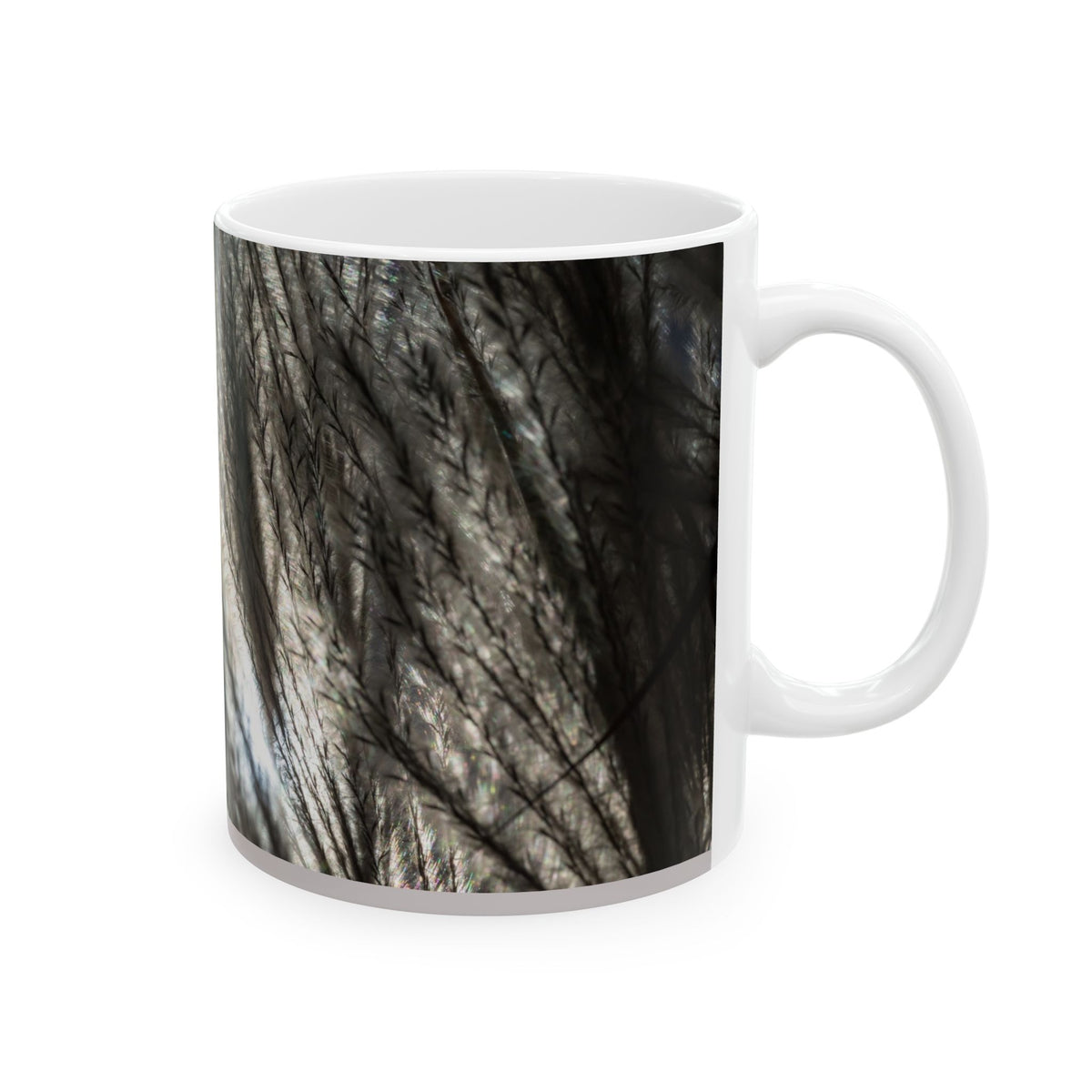 Ceramic mug with soft neutral botanical feather silhouette design, 11oz or 15oz, by Printify, ideal for coffee or tea.