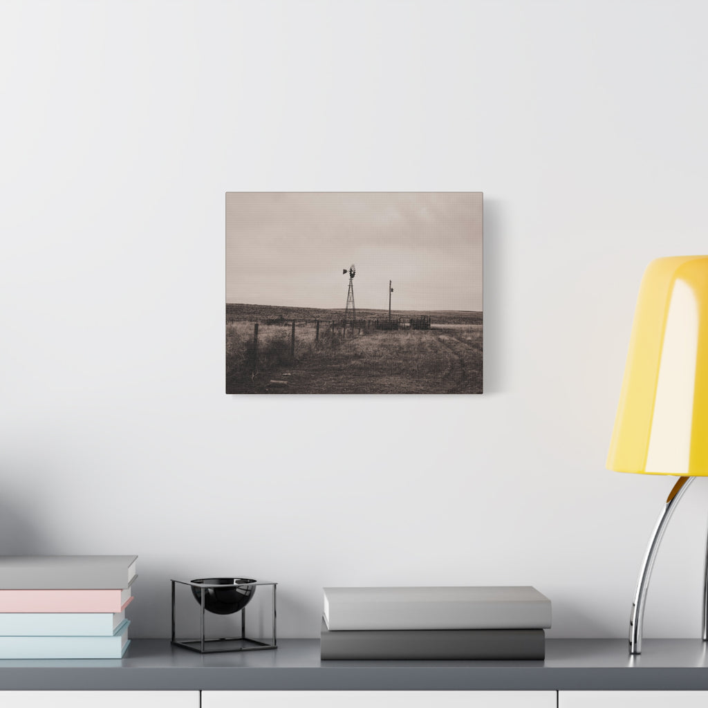 Windmill Pasture Matte Canvas Print — Sepia Rural Landscape Wall Art