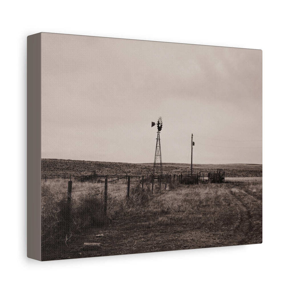 Windmill Pasture Matte Canvas Print — Sepia Rural Landscape Wall Art
