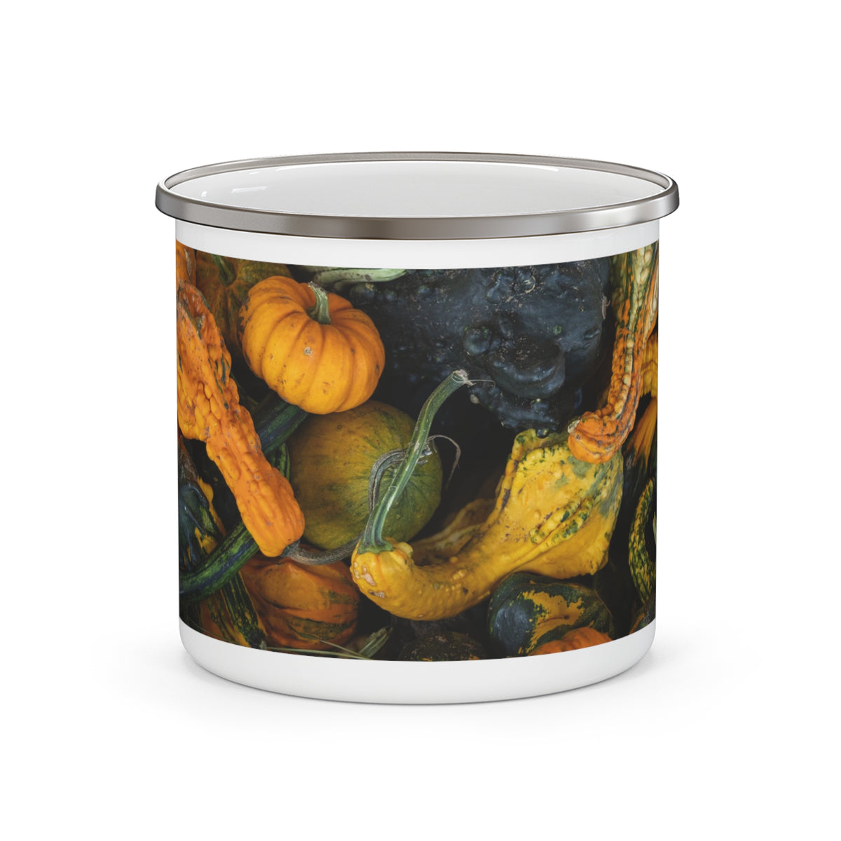 Printify enamel mug featuring autumn gourd harvest design, perfect for camping and outdoor use.