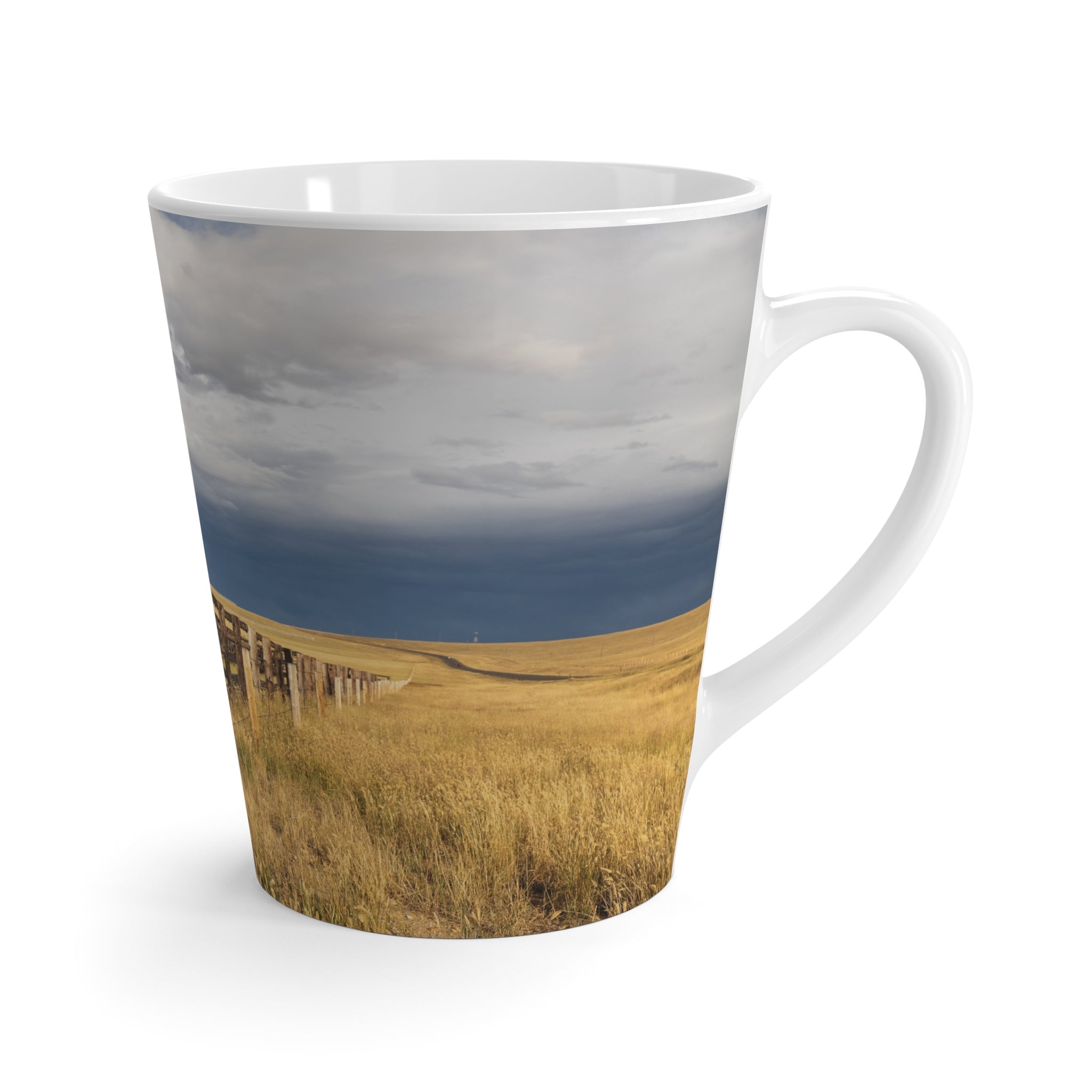 Rustic Western Range Latte Mug — Scenic Fence & Stormy Sky Coffee Cup