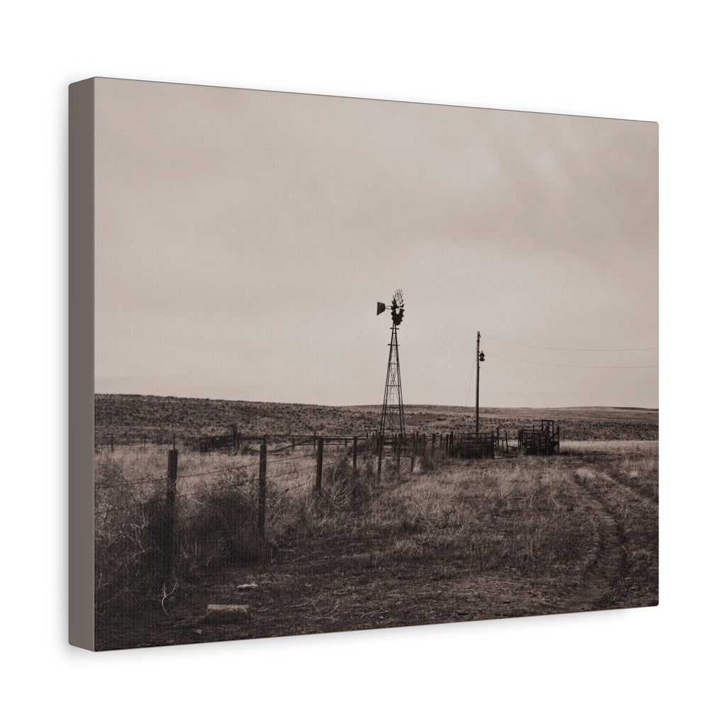 Windmill Pasture Matte Canvas Print — Sepia Rural Landscape Wall Art