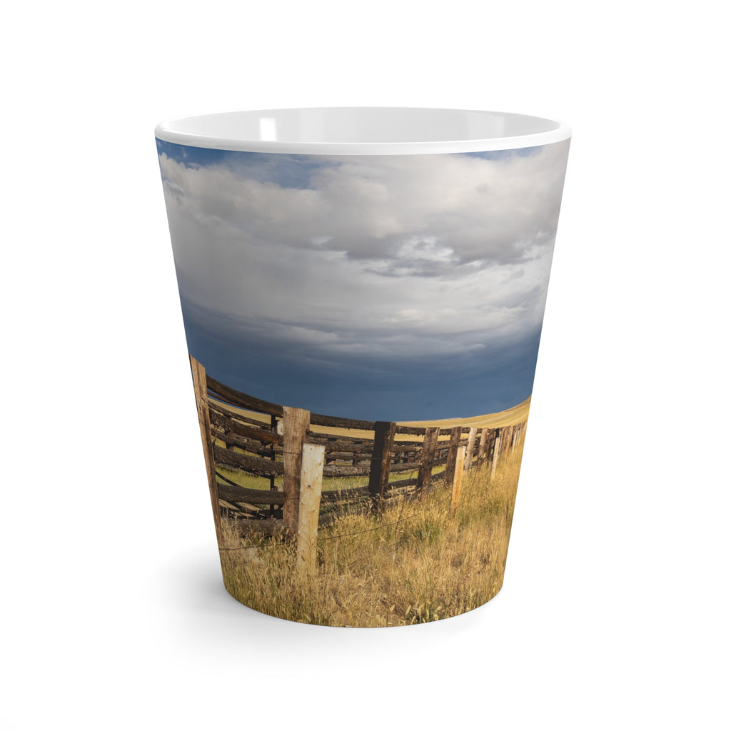 Rustic Western Range Latte Mug — Scenic Fence & Stormy Sky Coffee Cup