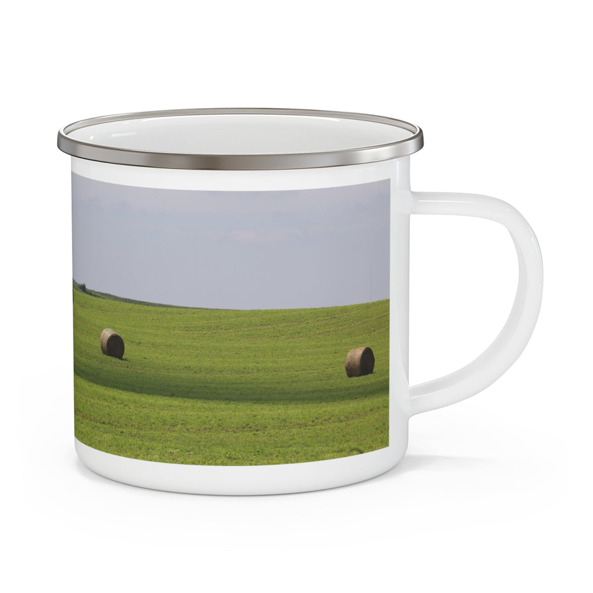 Enamel Mug with Hay Bale Field Photo — Rustic Camping Coffee Cup