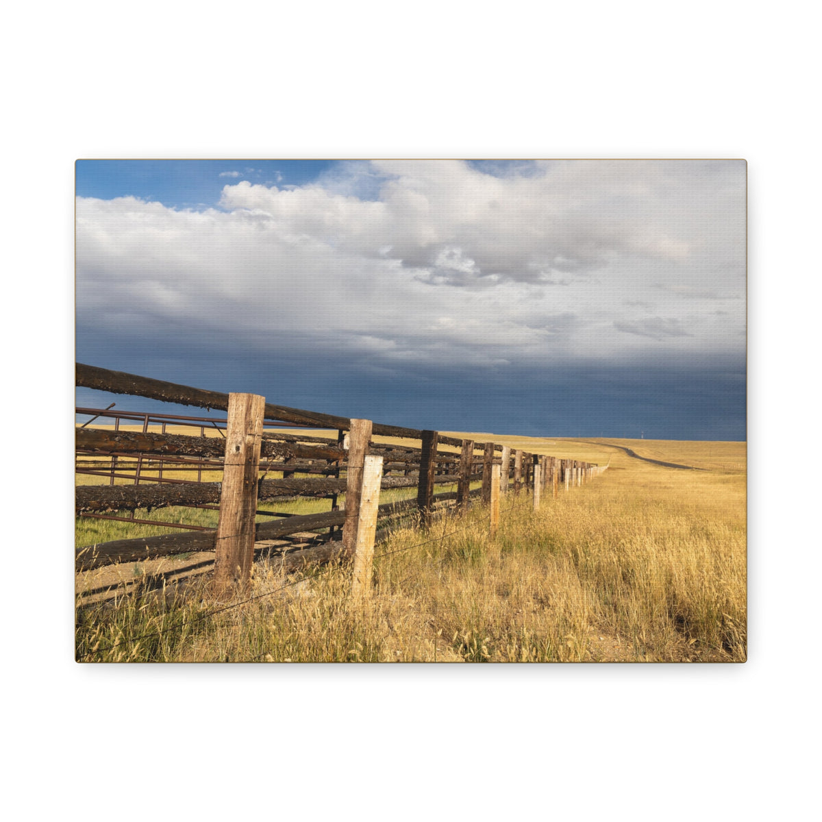Prairie Fence landscape canvas print by Printify showing a scenic country scene with a wooden fence and open fields.