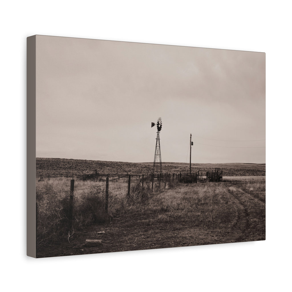 Windmill Pasture Matte Canvas Print — Sepia Rural Landscape Wall Art
