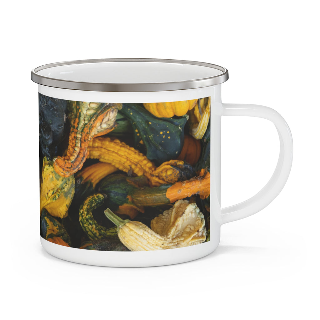 Printify enamel mug with autumn gourd harvest design, perfect for camping and outdoor use
