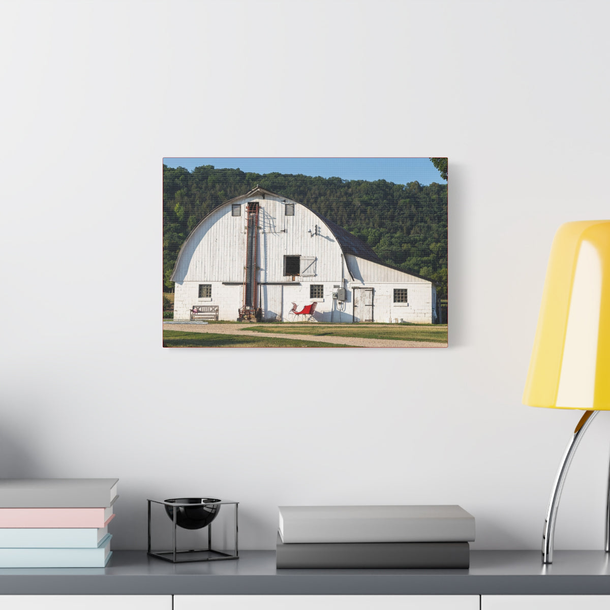White Barn Matte Canvas Wall Art — Rustic Farmhouse Landscape Print