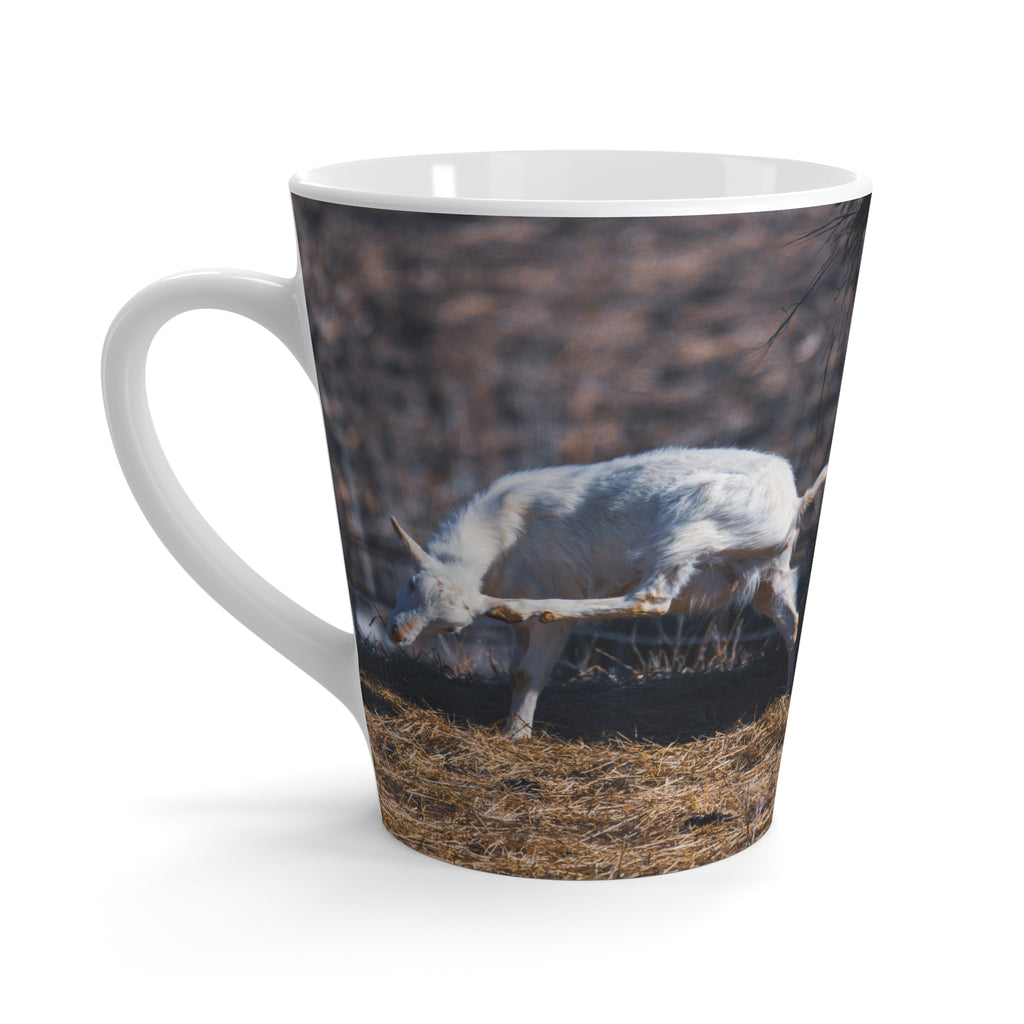 White goat latte mug featuring farm animal and rustic nature scene, made by Printify. Perfect for farm animal lovers.