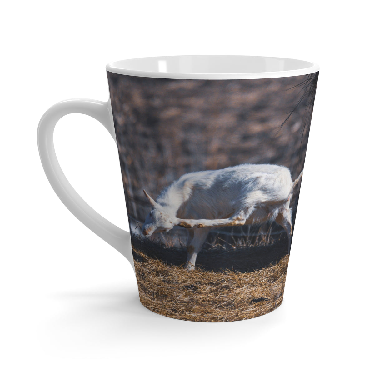 White goat latte mug featuring farm animal and rustic nature scene, made by Printify. Perfect for farm animal lovers.