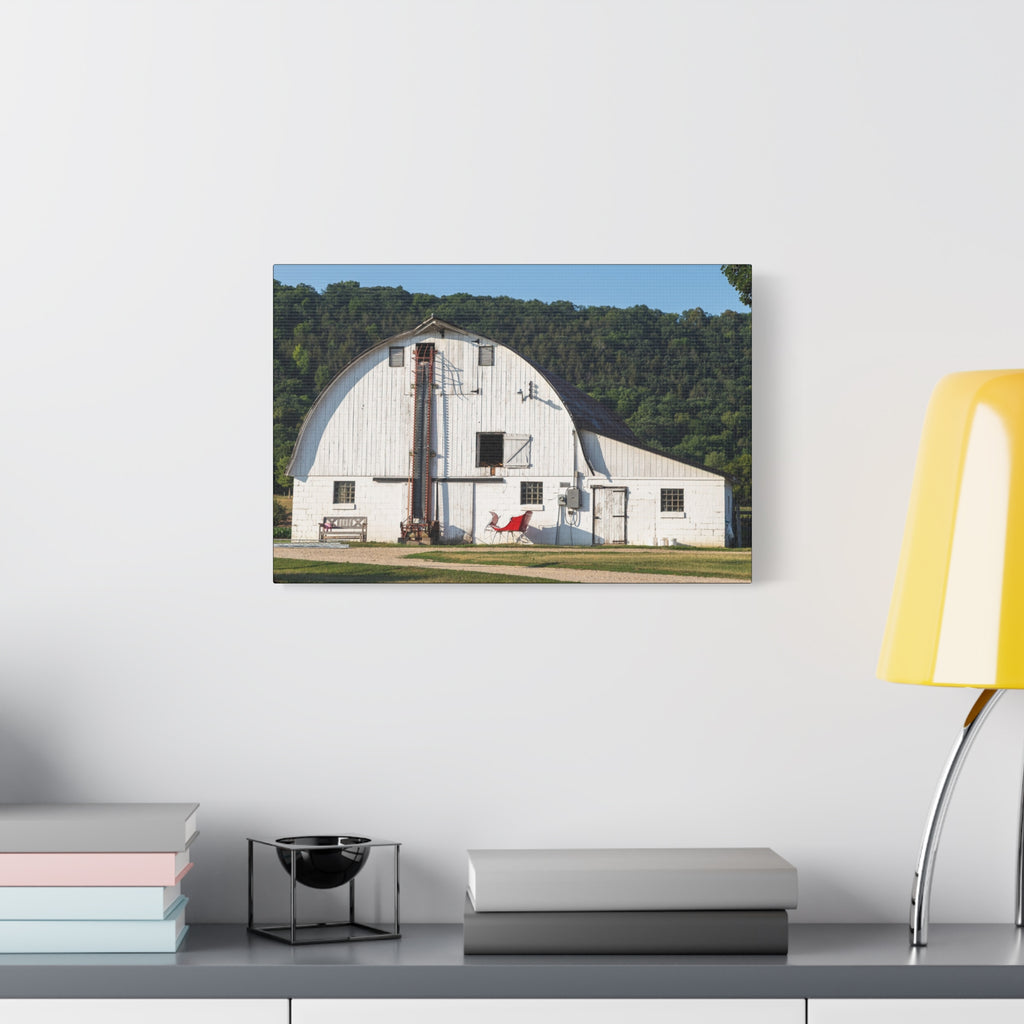 Santa's Sleigh in front of White Barn Canvas Print | Matte Stretched Wall Art, Rustic Farmhouse Decor