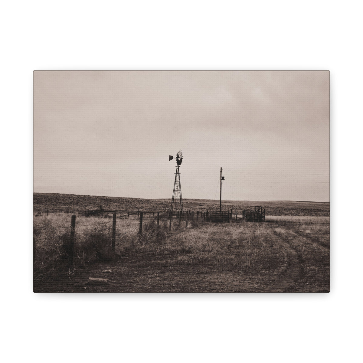 Sepia rural landscape canvas print of a windmill and pasture, printed by Printify, showcasing rustic wall art on matte canvas.