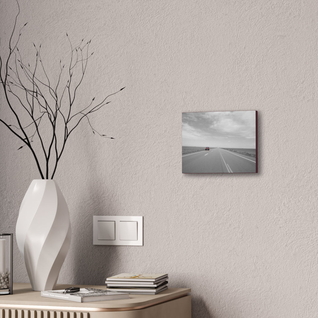 Road Trip Canvas Wall Art — Black & White Highway Scene with Red Car