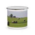 Enamel Mug with Hay Bale Field Photo — Rustic Camping Coffee Cup