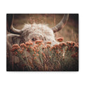 Highland cow canvas wall art featuring a rustic botanical meadow print by Printify, ideal for nature-inspired decor.