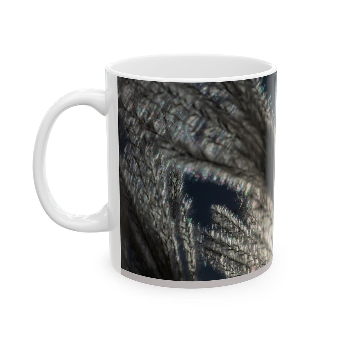 Ceramic mug with feather silhouette and botanical design, 11oz or 15oz, soft neutral colors, by Printify for coffee or tea.