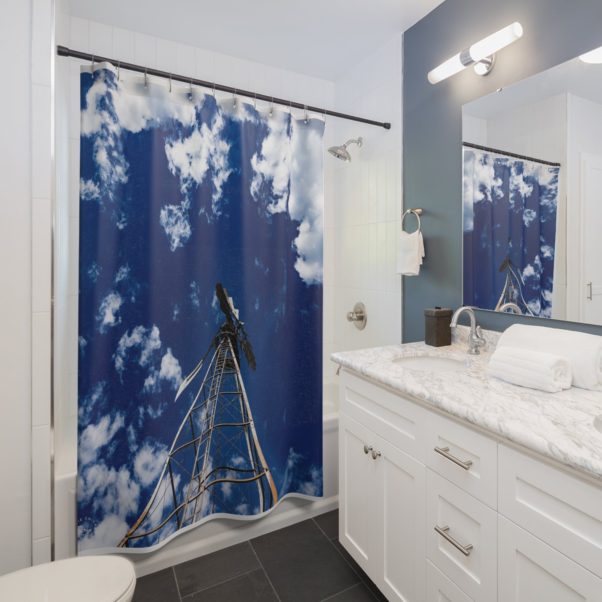 Sky Tower Shower Curtain — Blue Cloud Photography Bathroom Decor